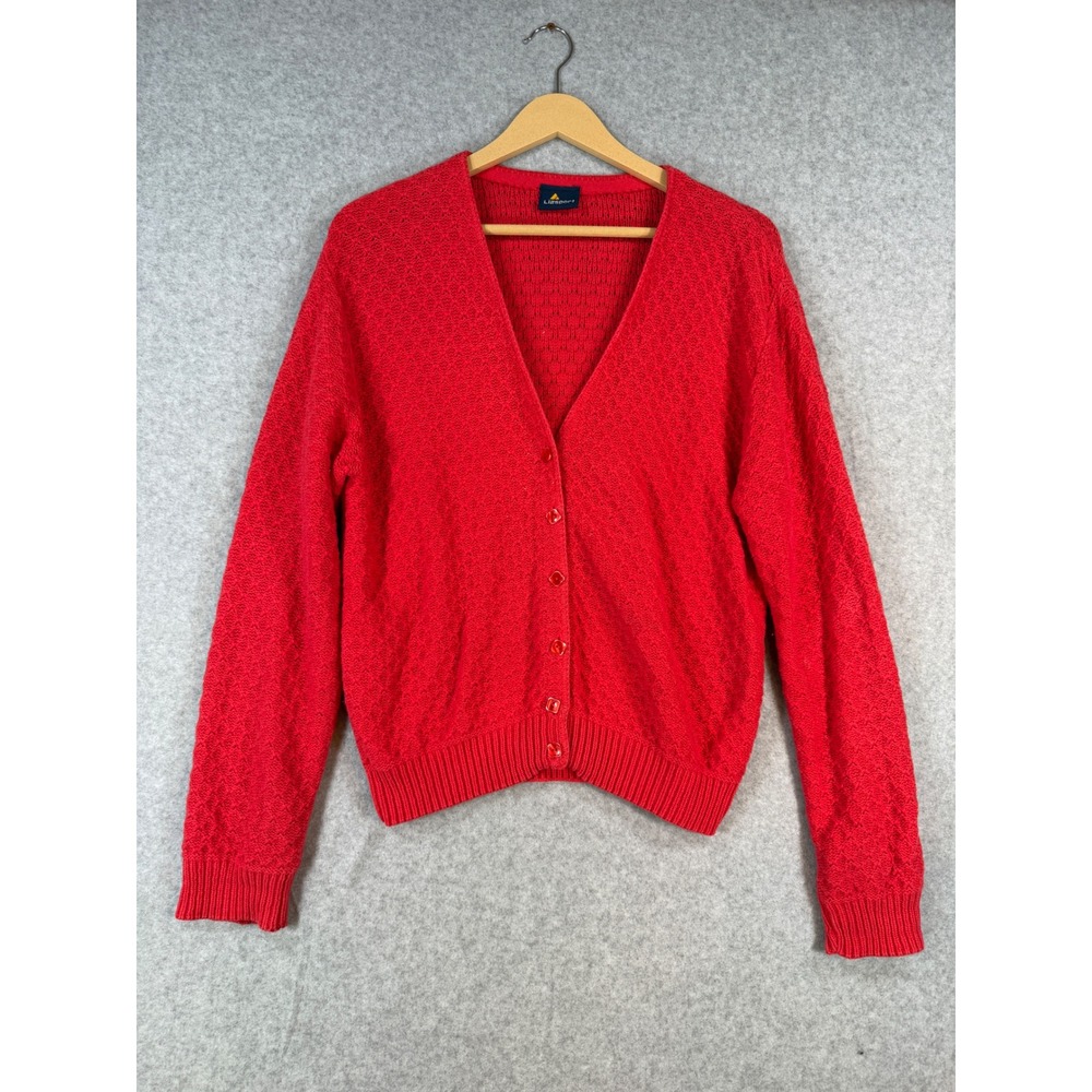 Lizsport Large Red Cardigan Diamond Knit Cotton Button Up Sweater